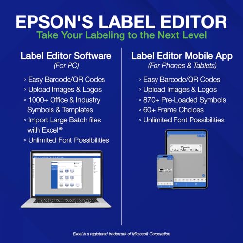 LABELWORKS Epson LW-C610PX-BLK Bluetooth Label Maker - Black, AC Adapter