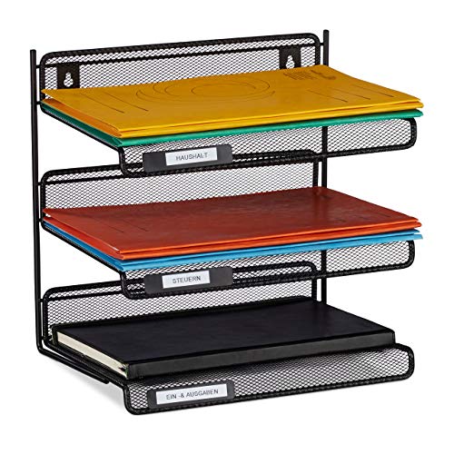 4 x Letter Tray, Metal with 3 Compartments, with Labels, A4, for Office & Study, for Wall, 32x33x25 cm, Black