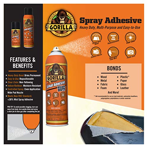 Gorilla Heavy Duty Spray Adhesive, Multipurpose and Repositionable, 14 Ounce, Clear, (Pack of 4)