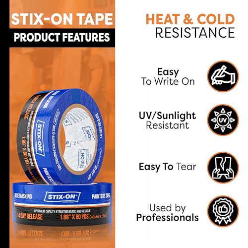STIX-ON Painters Tape 2 Inch Wide, 24 Roll Painting Tape Blue Masking Tape for Painting Walls, DIY, Surface-Safe & Residue-Free, Edge Paint, 1.88 Inch X 60 Yards X 24 Rolls, Bulk
