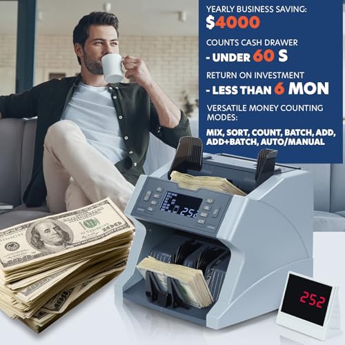 sxvbdway Money Counter Machine XD-500, UV/MG/IR/HLF/DBL/Size Counterfeit Detection Bill Counter, Mixed Denomination Cash Counter with LCD Display, Support USD and Euro US Plug