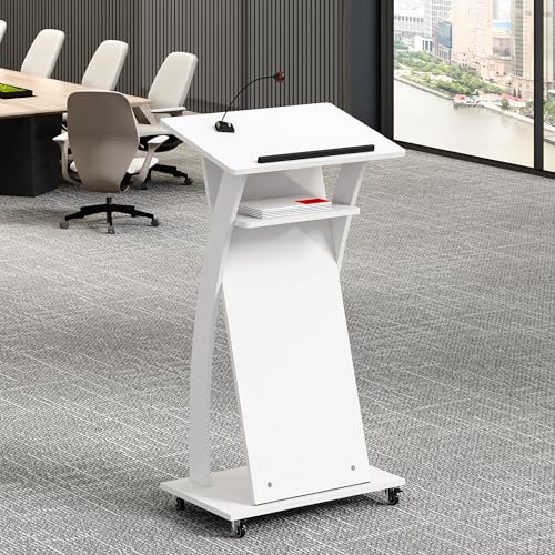 xibolai Mobile Wooden Podium Stand with Wheels Lectern White 16MM Wood Board Elegant Design Wooden Churche Pulpit