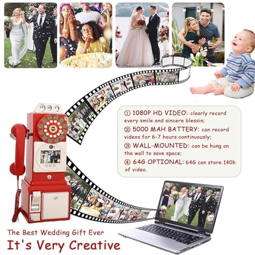 AUTUMFLATGAO Video & Audio Guest Book Wedding Phone, 1080p Video Guest Book with Screen, 64GB Wedding Message Recorder, Phone Guestbook Creative with Instant Playback for Parties & Events Black