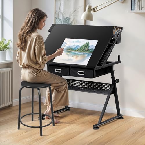 Nouva Adjustable Drafting Table Drawing Table w/Power Outlets (2AC, USB, Type-C), Multifunctional Tilting Art Craft Artists Desk w/Stool, 2 Drawer for Home Office,Black