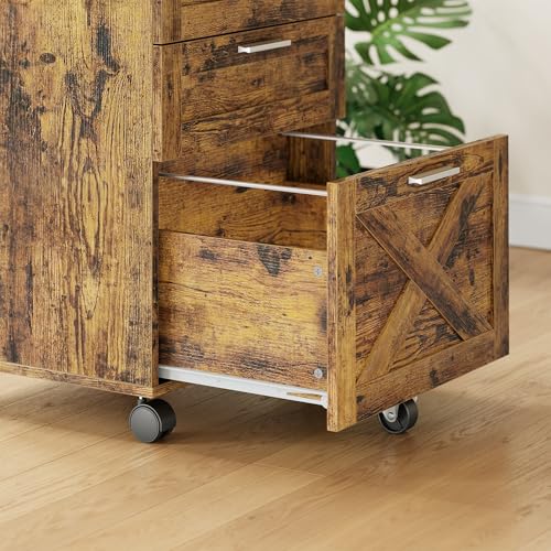 FinerFurnis Secure 3-Drawer Wooden File Cabinet with Lock – Mobile Under Desk Filing Cabinet on Wheels, Durable Storage Organizer, Fits Letter/Legal/A4, Rolling Printer Stand – Rustic Brown