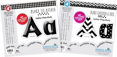 Barker Creek Letter Pop-Out Set, 4” Black & White, Set Includes 510 4" Letters, Numbers & Punctuation Marks, Multicolor Designer Letters, Office, Home, and School Décor (4425)
