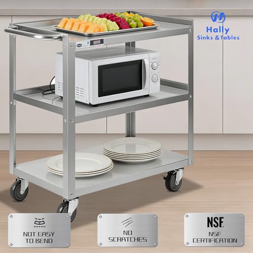 Hally Stainless Steel Utility Cart 3 Tier NSF Rolling Carts 31" Lx19 Wx34 H
