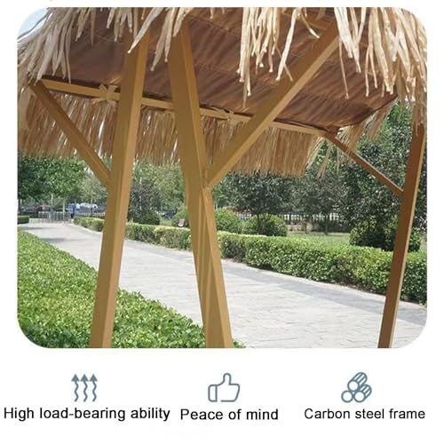 bacedifo Portable Outdoor Market Stall with Faux Thatched Canopy, Detachable Markets Stand, Roll-up Tabletop, Triangular Structure, Metal Frame, Product Display Rack, Height 200 Cm