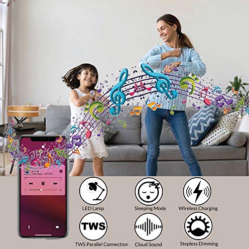 SBOTLIGHT Bedside Desk Table Lamp with Bluetooth Speaker and Wireless Charger Smart Clock Dimming Table Light QI Charging Pad for All Phones with Wireless Charge