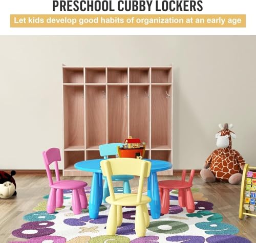 5-Section Classroom Coat Locker with 10 Small Cubbies ,Heavy Duty Storage Organizer with 5 Hooks, 2 Storage Boxes & 4 Hidden Wheels - Wooden Cubby Cabinet for School, Kindergarten, Daycare or Home Us