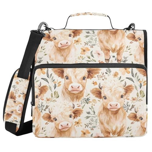 FJDENG Cute Highland Cows Waterproof 13" Binder Bag Organizer with Expandable Storage,3-Ring Zipper Binder with Shoulder Strap for School & Office