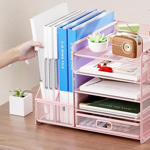 HurtSong Desk Organizers and Accessories with File Holder, 5-Tier Desk Accessories & Workspace Organizers with Drawer and 2 Pen Holder, Paper Organizer for Office Supplies(Pink)