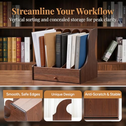 Wooden Desk File Organizer with 5 Vertical Rack & Drawer for Office & Home