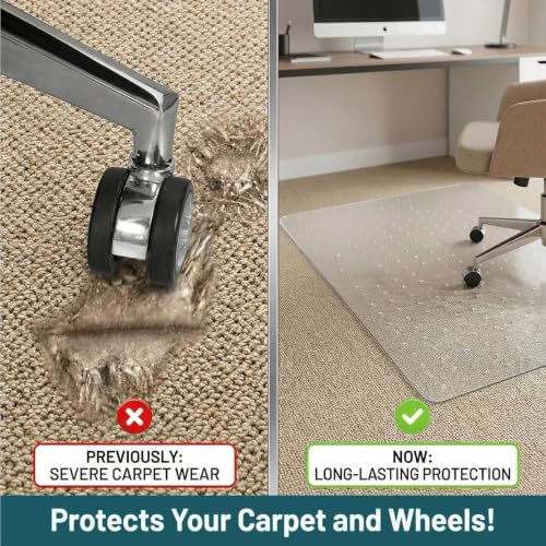 Office Chair Mat for Carpet, 45" x 53" Heavy Duty Clear PVC Large Floor Protector with Studded Backing, Non-Slip Plastic Mat for Office Chair, Desk & Rolling Computer Gaming Chair on Low Pile Carpet