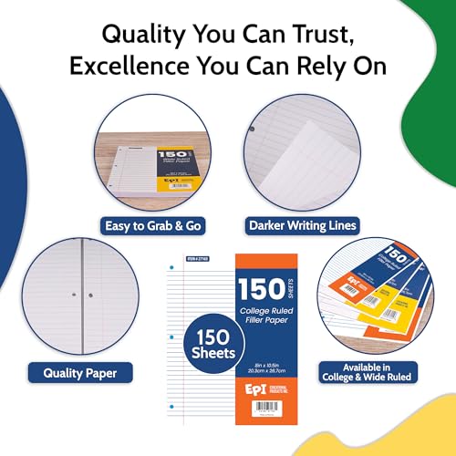 576 Pack (Pallet) Bulk EPI Filler Paper – Wide Ruled, 150 Sheets Loose Leaf Paper – 3-Hole Punched for 3 Ring Binder Refill – 10.5 x 8in – Bulk School Supplies, Office and Classroom Lined Pads