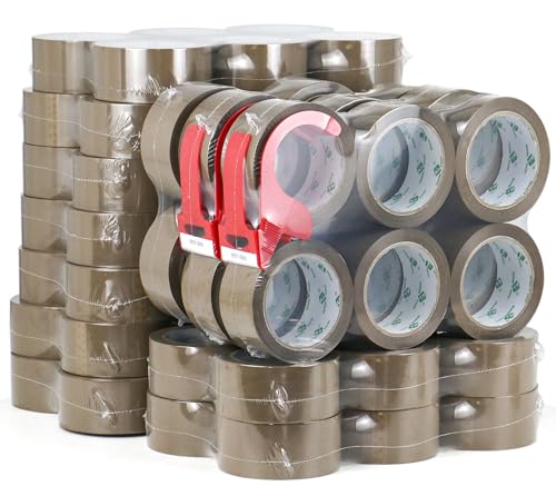 BOMEI PACK 72Rolls Brown Packing Tape with Dispenser, Bulk Box Packing Tape Rolls for Packaging, Shipping and Moving, 2.4Mil 1.88 Inch x 60 Yard