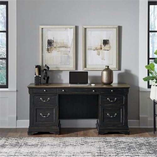 Liberty Furniture Meritage Jr Executive Credenza Desk for Home Office - Aged Charcoal w/Rub Thru & Caramel