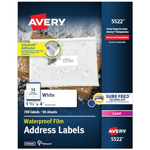 Avery Durable Waterproof Address Labels with Sure Feed Technology, 1-1/3" x 4", White, Laser Printer Compatible, 700 Blank Labels per Pack, Great for Mailing, Branding, and More (5-Pack of 5522)