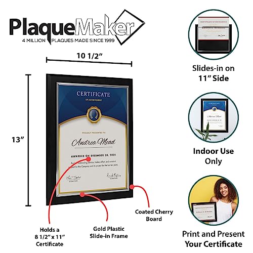 10.5 x 13" Certificate Display Plaque - Offered in Coated Black Wood with an 8.5 x 11" Silver Frame - Slide in Your Diploma, Award Certificate, Award of Achievement, Class Photo, and More