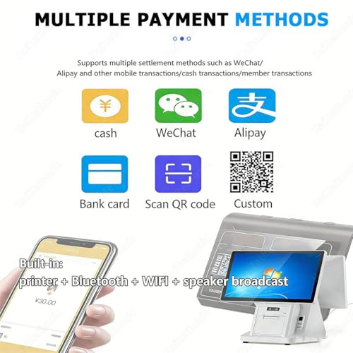 HaiZethonic 15.6" Dual Touch Screen POS System,with 8GB RAM & 128GB/256G SSD for Small Business All-in-One Cash Register,MultiLanguage Support,for Retail & Restaurant Single-128G/58mm