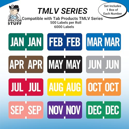 Doctor Stuff - File Folder Month Labels, Complete Set of January - December, Tab Products - TMLV Series Stickers, 1/2" x 1", 1 Each of 12 Rolls, 500/Roll