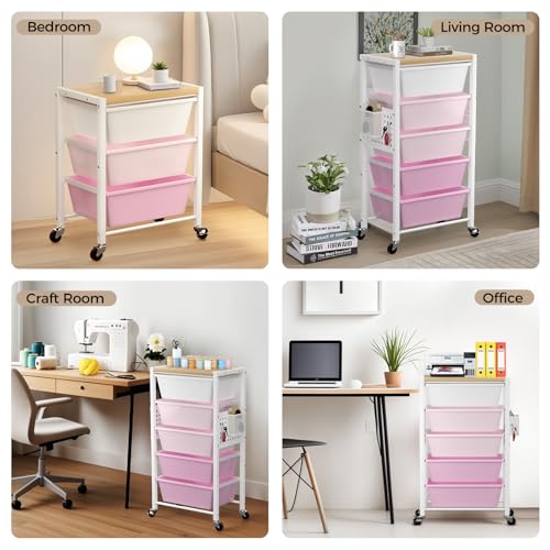 Rolling Cart with 5 Drawers, Plastic Drawer Storage Carts with Wheels & Wooden Tabletop, Metal Utility Cart with Pegboards, Office Living Room Classroom Craft Organization and Storage, Bright Pink