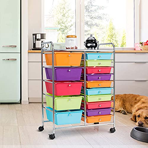 15-Drawer Storage Cart, Mobile Rolling Utility Cart w/Wheels, Multipurpose Organizer Cart for Tools, Scrapbook, Paper, Ideal for Home Office School (Multicolor)