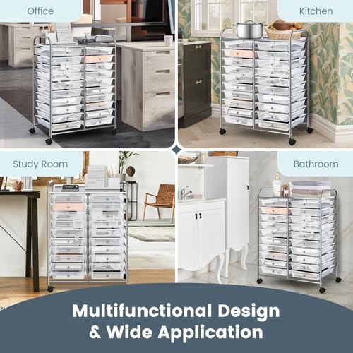 RELAX4LIFE 20 Drawer Rolling Storage Cart, Mobile Rolling Cart w/Drawers for School Classroom Teacher Office Home Salon, Paper File Art Supply Craft Organizer, Utility Cart on Wheels (Clear)