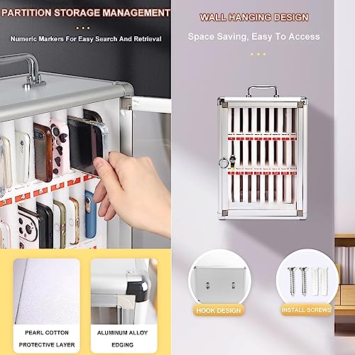 GMTstore 12/24/36/48/60 Wall-Mounted Aluminum Alloy Cell Phones Storage Cabinet Pocket Chart Storage Locker Box with Handle and Security Lock for Classroom Office (Color : Silver, Size : 12)