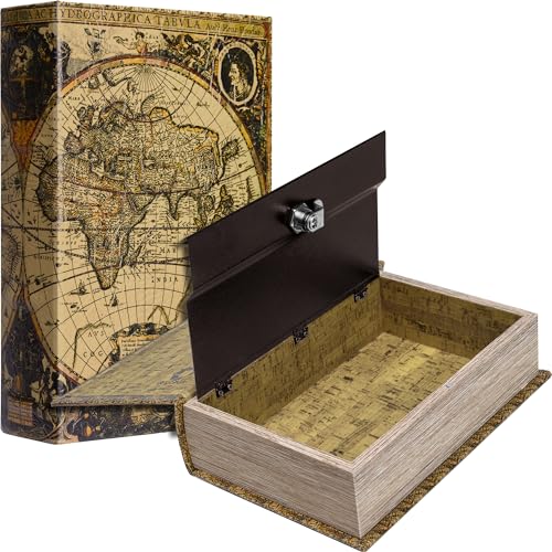 Barska Antique Map Book Safe with Key Lock – Hidden Diversion Lock Box with Magnetic Closure – Concealed Steel Compartment for Cash, Jewelry, Valuables – Home or Office Security Hidden Book Safe