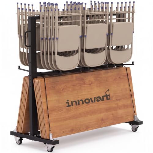 INNOVART Two-Tier Folding Chair and Table Combo Cart, Heavy Duty Stacking Chair Dolly with Wheels, 84-Chair Capacity Foldable Seat & Table Wheeled Storage Dolly for Commercial Event Hotel Party Use
