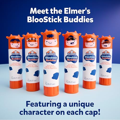 Elmer's BlooStick Buddies Glue Sticks, Disappearing Blue, Anti-Roll Cap Design, Unique Characters, 6 Grams, 48 Count - Classroom Supplies, #1 Teacher Brand