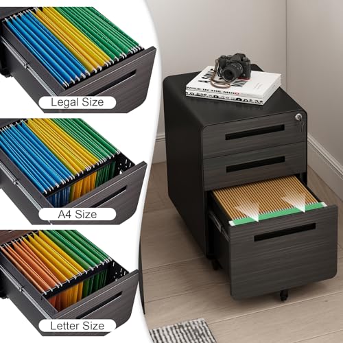soges 3 Drawer Mobile Metal File Cabinet with Lock, Versatile Filing Cabinet Under Desk for Legal/Letter/A4 Storage, Full Assembled Except Casters, for Home Office (Wood Black)