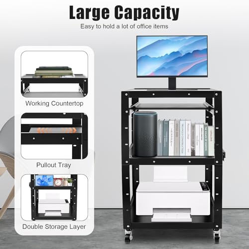 3-Shelf Mobile Utility AV Cart on Wheels, AV Presentation Cart for Office
