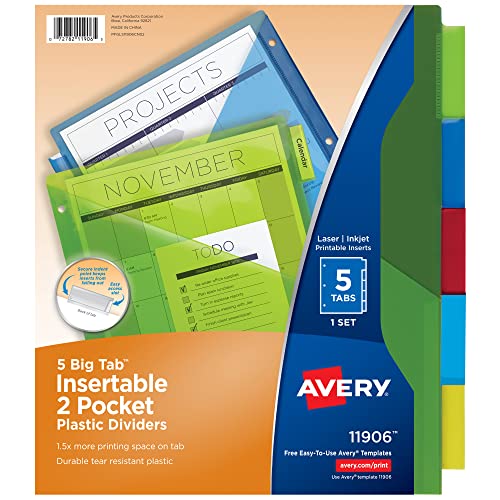 Avery® Big Tab Insertable Plastic Dividers, 5-Tab, Multicolor, 24 Sets