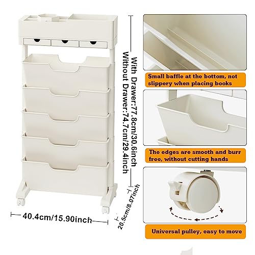 Book cart6-Tier Rolling File Cart with Lockable Wheels, White Rolling Book Cart, Mobile Desk File Organizer, Mobile Office File Organizer Cart with Open Storage Shelves for Office, Home, SCH