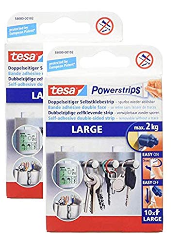 tesa Powerstrips Large/Double-Sided Adhesive Strips for Mounting Items up to 2 kg - Removable 10 Strips (2 Packs, Large)