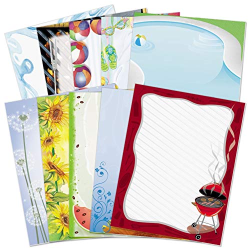 PaperDirect Summer BBQ Border Paper, 100 Sheets, 8.5x11 Premium Stationery with Grills, Beach Balls, Watermelon, Flip-Flops & More, Decorative Printer Paper for Invites, Parties, Flyers & Events