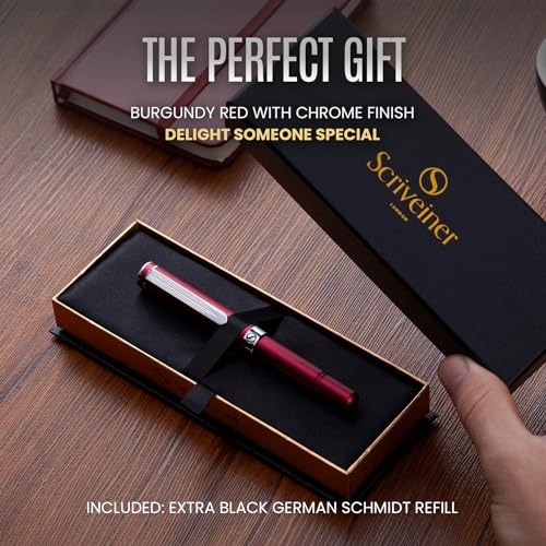 Scriveiner Personalized Red Rollerball EDC Pen, Stunning Pocket Pen with Chrome Finish, Cool Writing Pen, Best Pen Gift, Best Engraved Roller Ball Gift Set for Men & Women, Custom Name Engraving