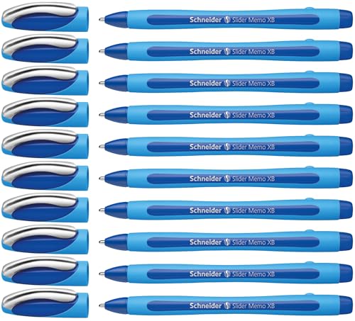 Schneider Slider Memo XB (Extra Broad) Ballpoint Pen, 1.4 mm, Light Blue Barrel, Blue Ink, Box of 10 Pens (150203)