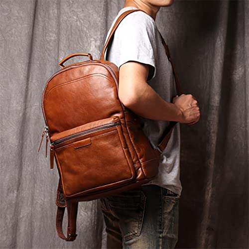 AODFDSJH Genuine Leather Men Backpack 14 Inch Laptop Travel School Male Brown Cowhide