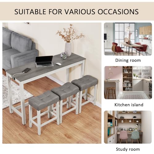 Ball & Cast 4 Piece Dining Table and Chairs Set with Charging Station, Farmhouse Wooden Kitchen Island-Table w/USB&Typc C&Power Outlet, 59" Behind Sofa-Table w/3pcs Upholstered Stools,White&Grey