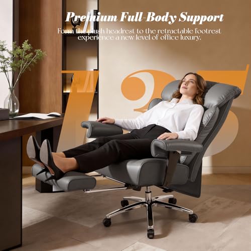 Efomao Big and Tall Executive Office Chair 400lbs, Heavy Duty Computer Chair with 24" Extra Wide 6.1" Spring Cushion, 3" Height Adjustable Armrests, Desk Chair with Footrest, Grey