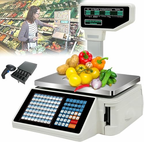 NYTFHMS Digital Price Label Printing Scale,Barcode Printing Scale,with Thermal Printer,Electronics Weighing Scale,Double-Sided Display Screen,Machine+Scanner+cashbox