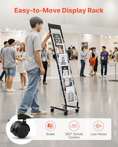 VEVOR Brochure Display Rack, Narrow 6-Tier Magazine Literature Display Stand with Wheels, Metal Floor Standing Magazine Rack, Movable Newspaper Catalog Holders for Shop Exhibitions Office (6 Pockets)