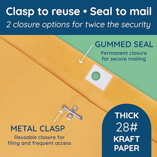 Blue Summit Supplies 100 11.5" x 14.5" Kraft Clasp Envelopes, Gummed Seal