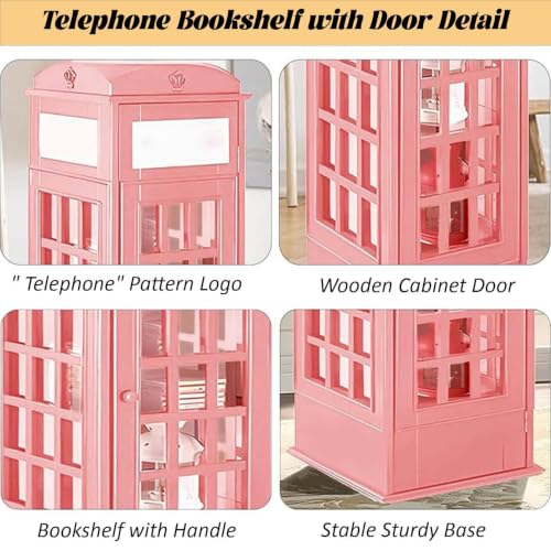 LJLYYDS Wooden Telephone Standing Bookshelf Vintage,5-Tier Wood London Telephones Booth Storage Shelf Cube,Floor Standing Telephone Booth Bookshelf with Acrylic Door for bookstores Pink