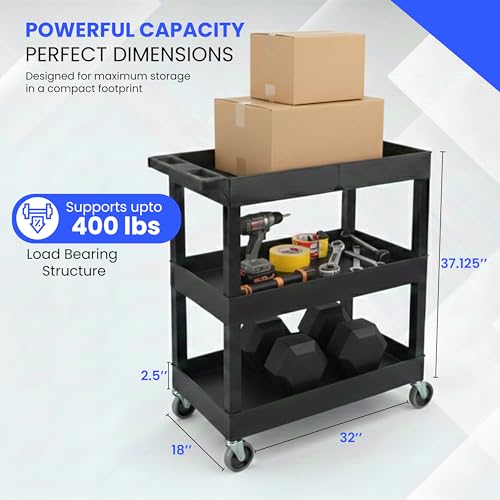 Luxor EC111-B 3-Shelf Heavy Duty Rolling Plastic Utility Cart, Black