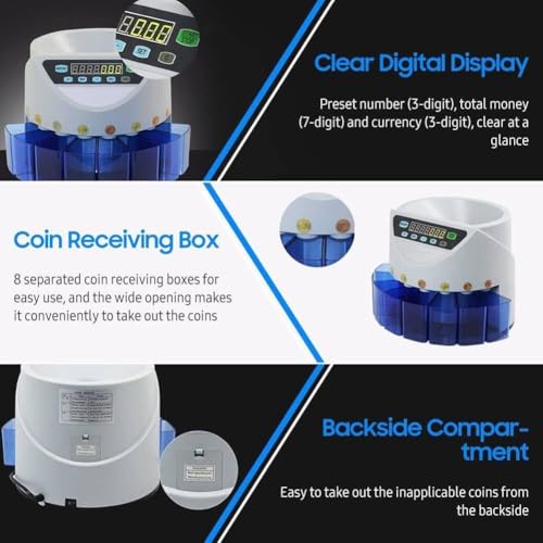 YXCUSAM Coin Counter, Electric Automatic Counting Machine, LED Display, for All Round Coins and Tokens (Blue)