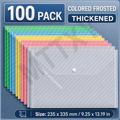 Colored A4 File Folders, Snap Button Sleeves, Pack for School,100PCS